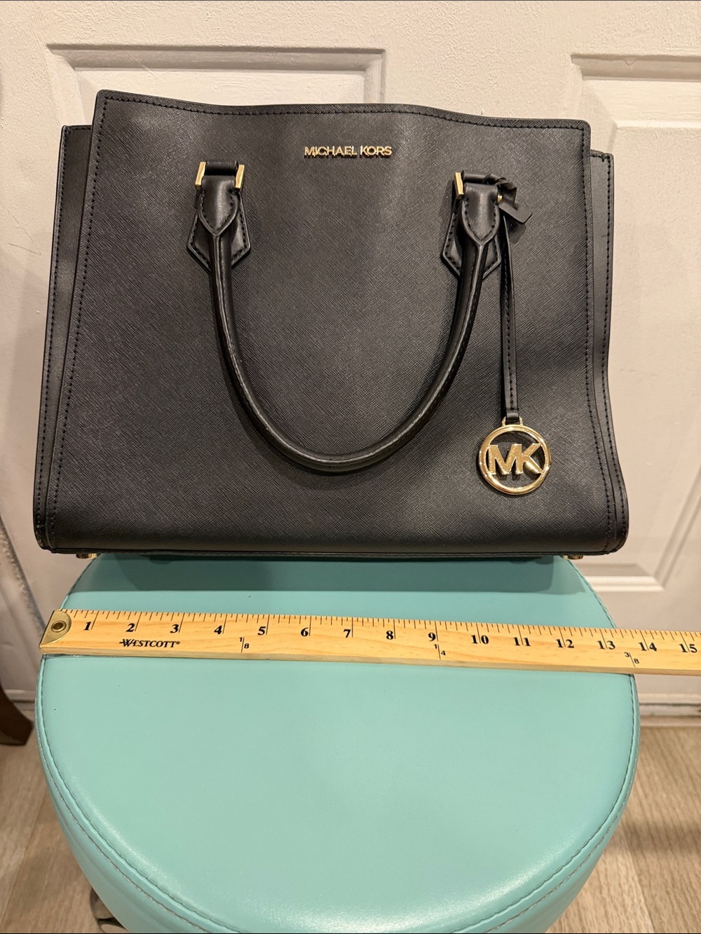 Michael Kors Black Saffiano Satchel with Gold MK Charm no crossbody strap